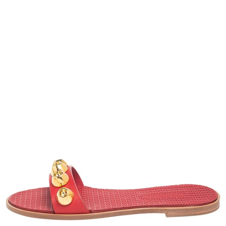 Pre Owned Miu Miu Red Leather Studded Flat Sandals Size 36.5