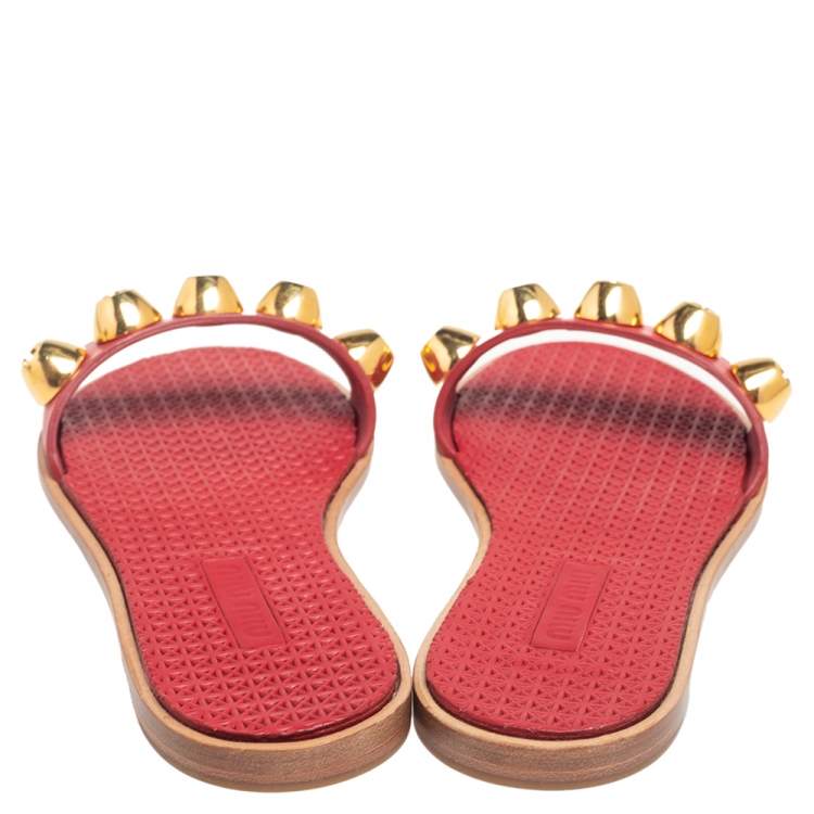 Pre Owned Miu Miu Red Leather Studded Flat Sandals Size 36.5