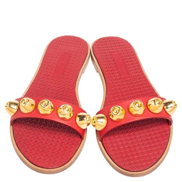 Pre Owned Miu Miu Red Leather Studded Flat Sandals Size 36.5
