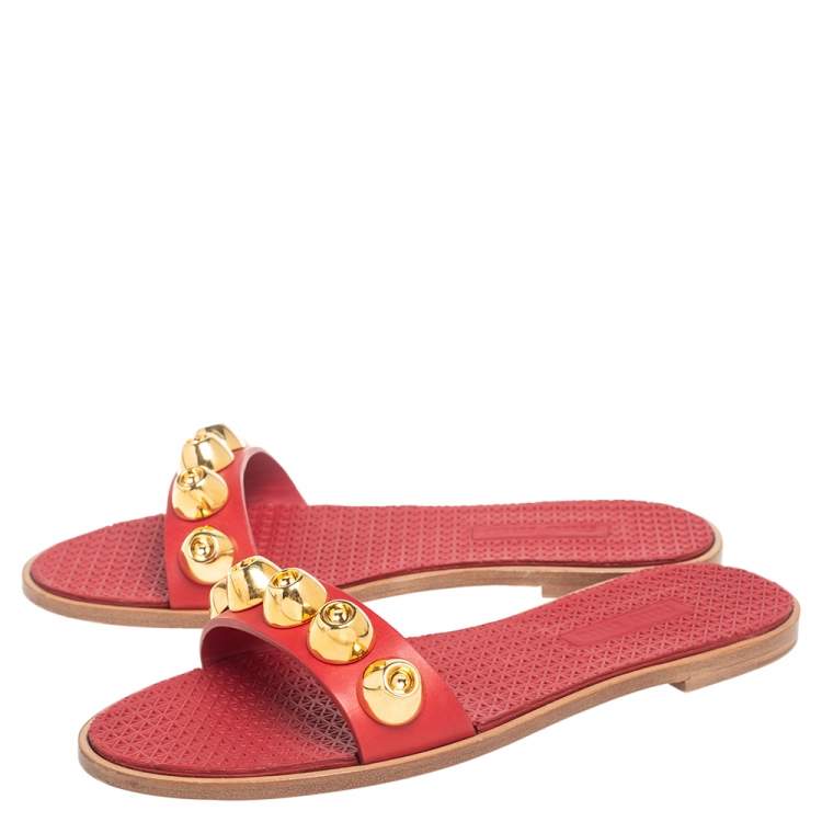 Pre Owned Miu Miu Red Leather Studded Flat Sandals Size 36.5