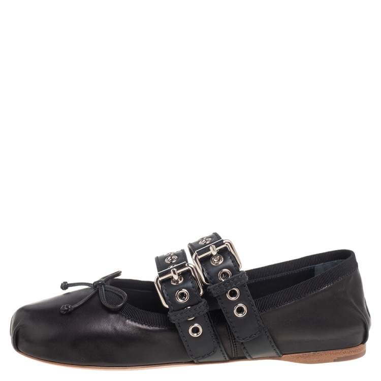 Pre Owned Miu Miu Black Leather Buckle Bow Ballet Flats Size 36