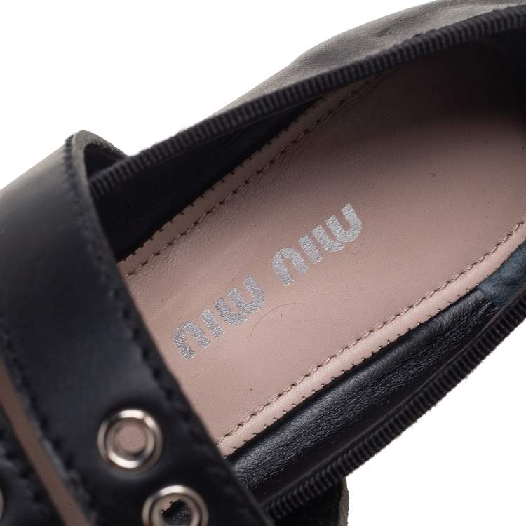 Pre Owned Miu Miu Black Leather Buckle Bow Ballet Flats Size 36