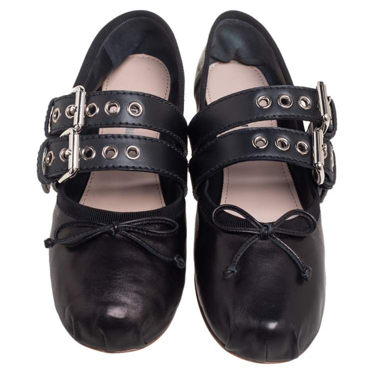 Pre Owned Miu Miu Black Leather Buckle Bow Ballet Flats Size 36