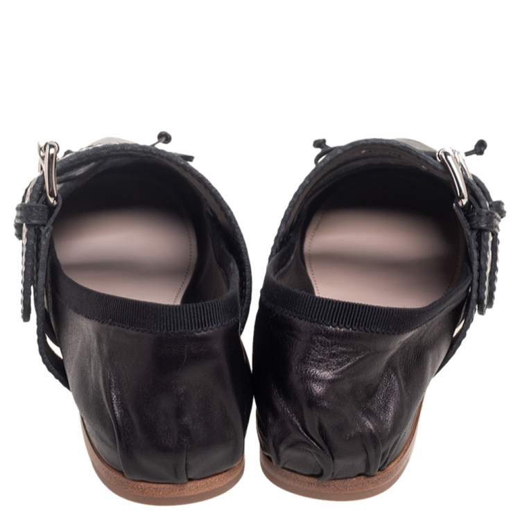 Pre Owned Miu Miu Black Leather Buckle Bow Ballet Flats Size 36