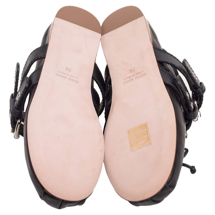 Pre Owned Miu Miu Black Leather Buckle Bow Ballet Flats Size 36