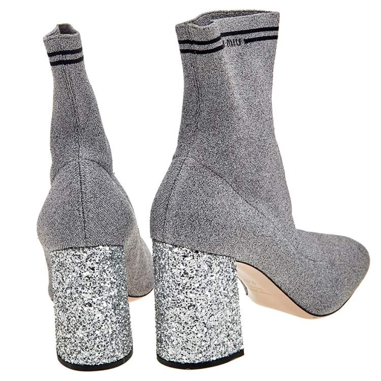 Pre Owned Miu Miu Silver Metallic Lurex Fabric Sock And Glitter Block Heel Ankle Boots Size 38.5