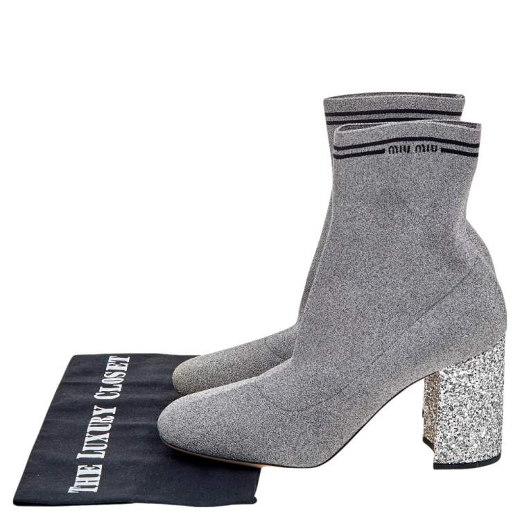 Pre Owned Miu Miu Silver Metallic Lurex Fabric Sock And Glitter Block Heel Ankle Boots Size 38.5