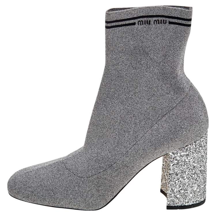 Pre Owned Miu Miu Silver Metallic Lurex Fabric Sock And Glitter Block Heel Ankle Boots Size 38.5