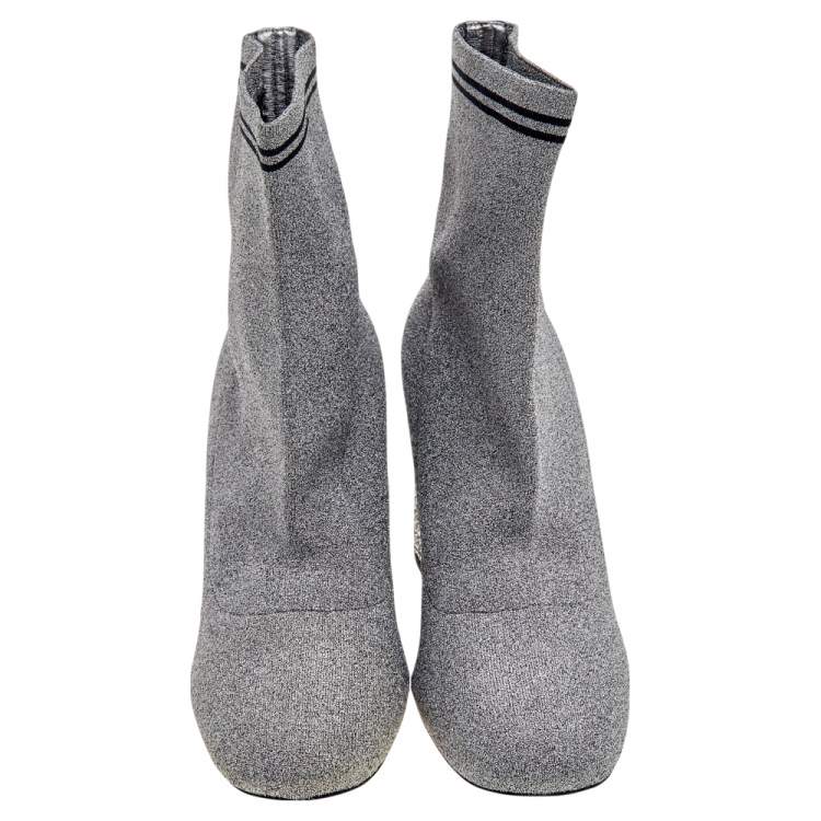 Pre Owned Miu Miu Silver Metallic Lurex Fabric Sock And Glitter Block Heel Ankle Boots Size 38.5