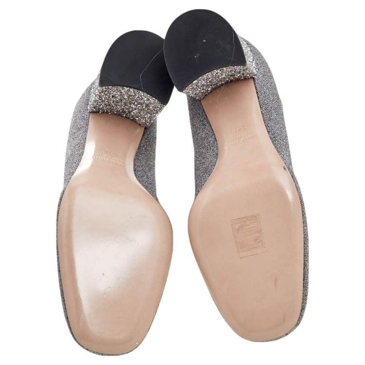 Pre Owned Miu Miu Silver Metallic Lurex Fabric Sock And Glitter Block Heel Ankle Boots Size 38.5