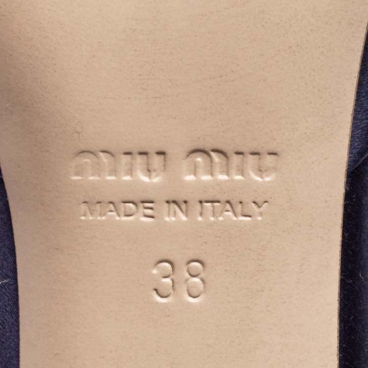 Pre Owned Miu Miu Navy Blue Satin and Knotted Fabric Crystal Embellished Slide Sandals Size 38