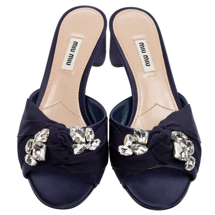 Pre Owned Miu Miu Navy Blue Satin and Knotted Fabric Crystal Embellished Slide Sandals Size 38