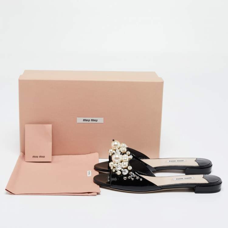 Pre Owned Miu Miu Black Patent Leather Pearl Embellished Flat Slides Size 37.5