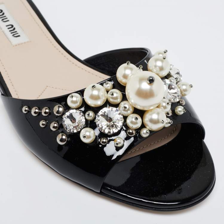 Pre Owned Miu Miu Black Patent Leather Pearl Embellished Flat Slides Size 37.5