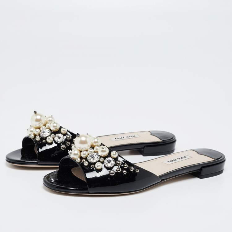 Pre Owned Miu Miu Black Patent Leather Pearl Embellished Flat Slides Size 37.5