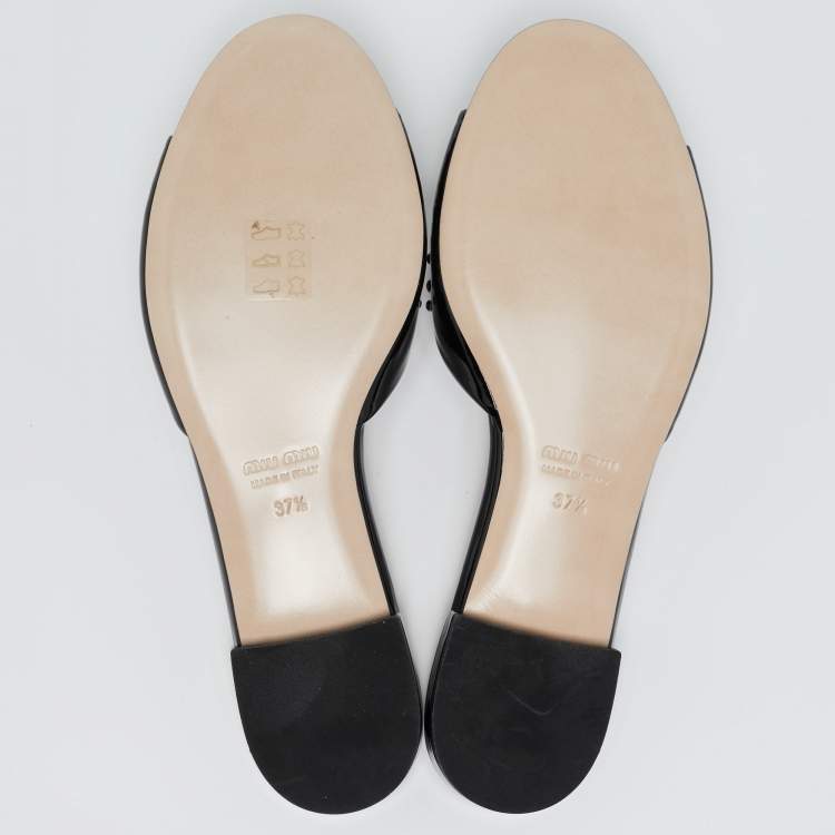 Pre Owned Miu Miu Black Patent Leather Pearl Embellished Flat Slides Size 37.5