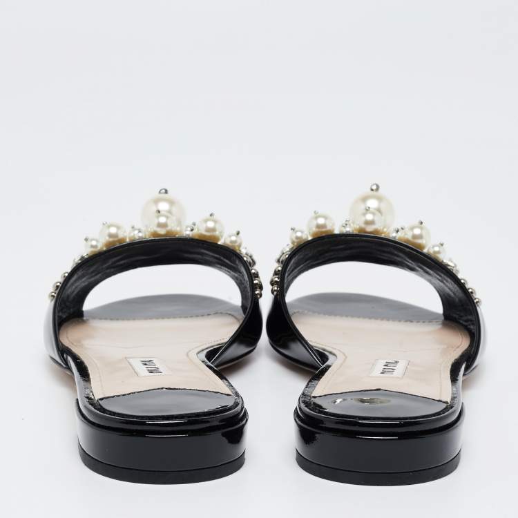 Pre Owned Miu Miu Black Patent Leather Pearl Embellished Flat Slides Size 37.5