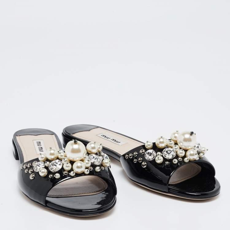 Pre Owned Miu Miu Black Patent Leather Pearl Embellished Flat Slides Size 37.5