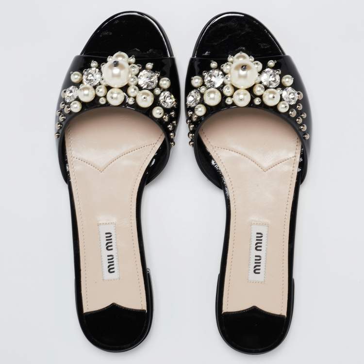 Pre Owned Miu Miu Black Patent Leather Pearl Embellished Flat Slides Size 37.5