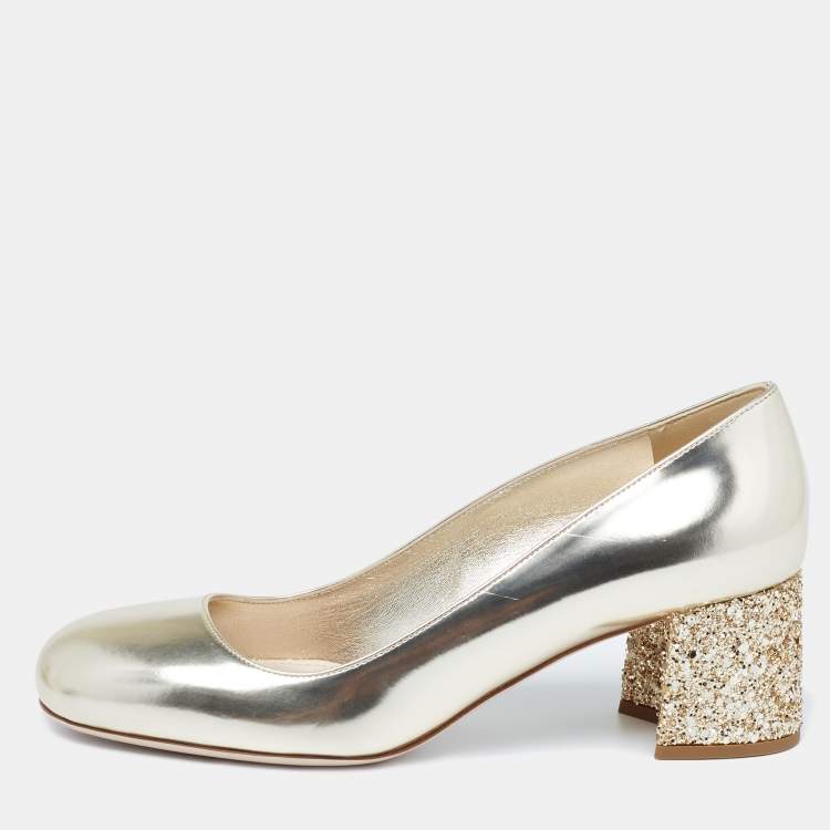 Pre Owned Miu Miu Dull Gold Patent Leather Glitter Heel Round-Toe Pumps Size 37