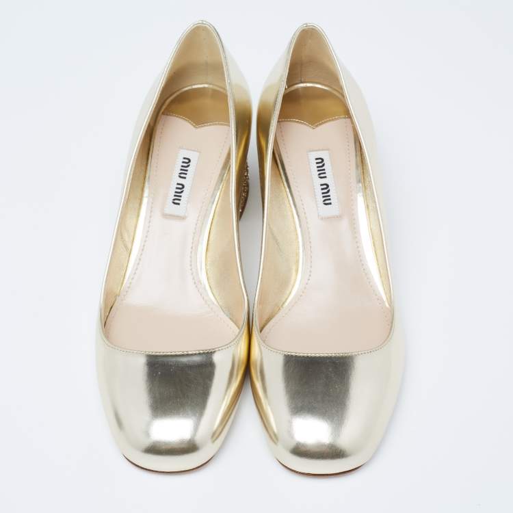 Pre Owned Miu Miu Dull Gold Patent Leather Glitter Heel Round-Toe Pumps Size 37