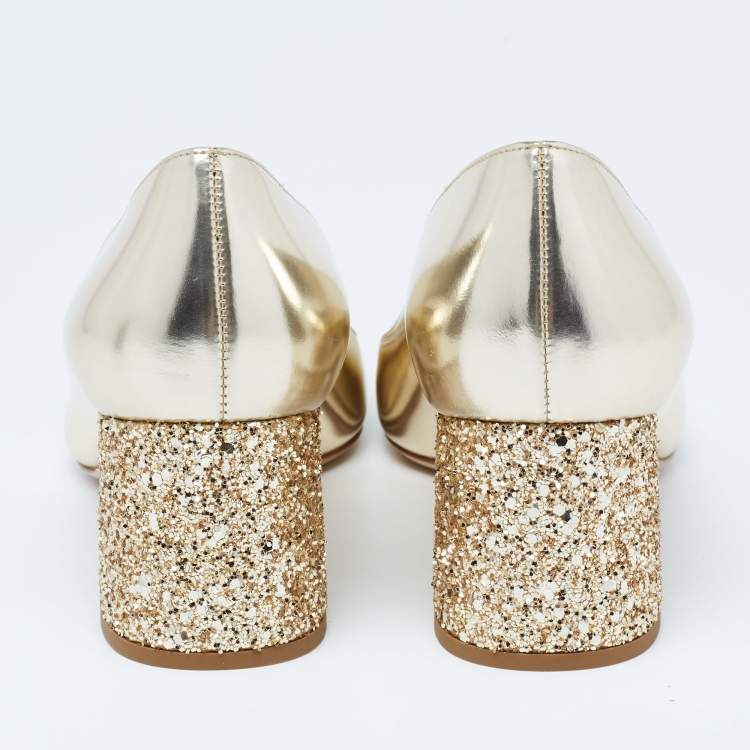 Pre Owned Miu Miu Dull Gold Patent Leather Glitter Heel Round-Toe Pumps Size 37