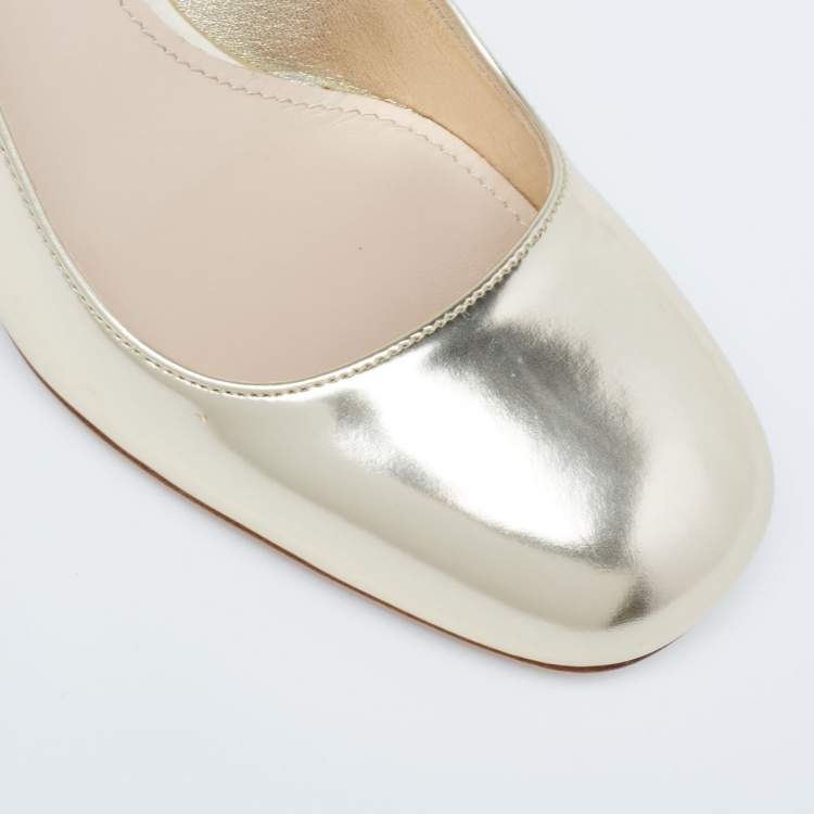 Pre Owned Miu Miu Dull Gold Patent Leather Glitter Heel Round-Toe Pumps Size 37