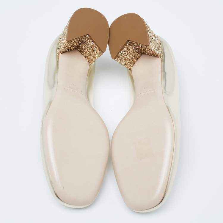 Pre Owned Miu Miu Dull Gold Patent Leather Glitter Heel Round-Toe Pumps Size 37