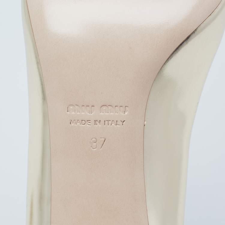 Pre Owned Miu Miu Dull Gold Patent Leather Glitter Heel Round-Toe Pumps Size 37