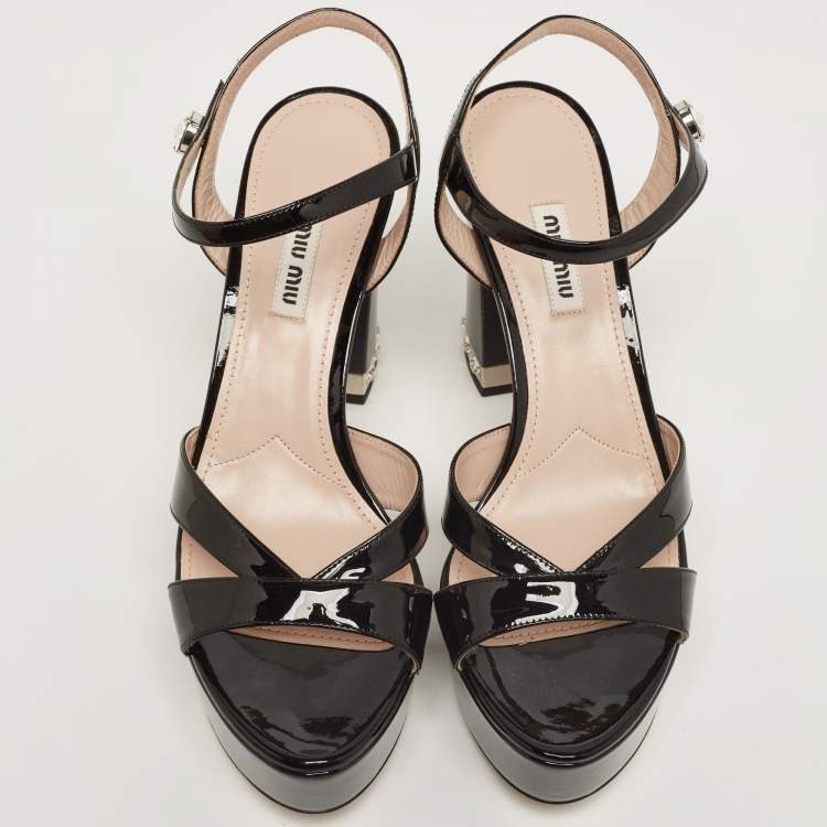 Pre Owned Miu Miu Black Patent Leather Platform Ankle Strap Sandals Size 38.5