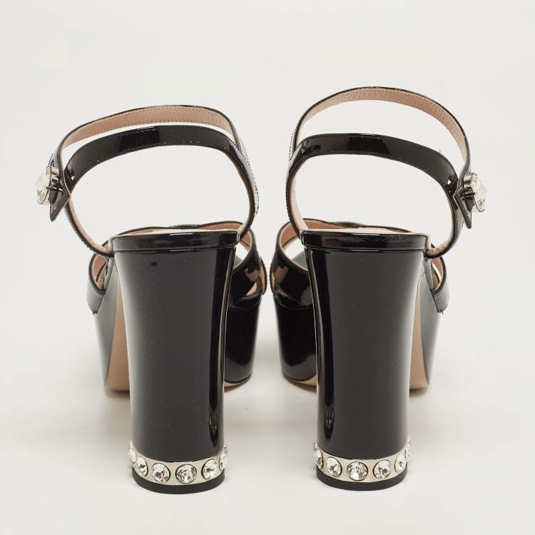 Pre Owned Miu Miu Black Patent Leather Platform Ankle Strap Sandals Size 38.5