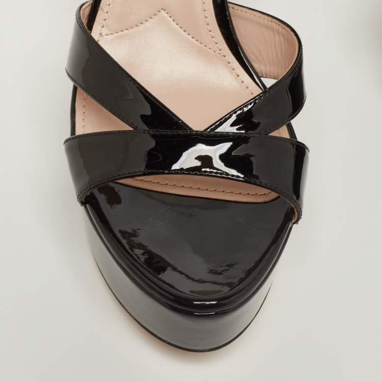 Pre Owned Miu Miu Black Patent Leather Platform Ankle Strap Sandals Size 38.5