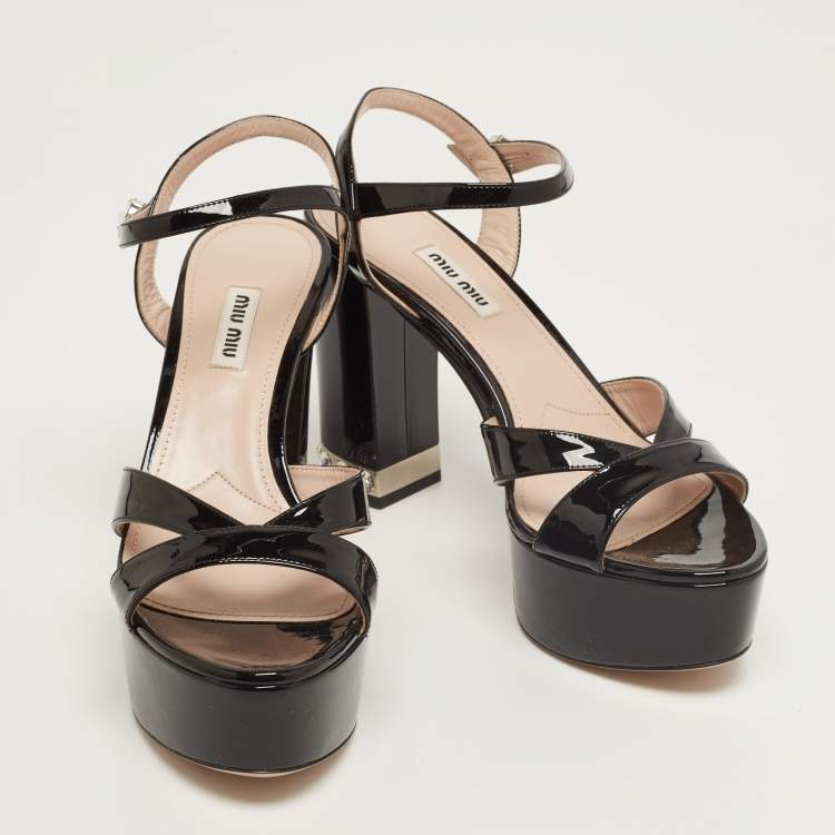 Pre Owned Miu Miu Black Patent Leather Platform Ankle Strap Sandals Size 38.5