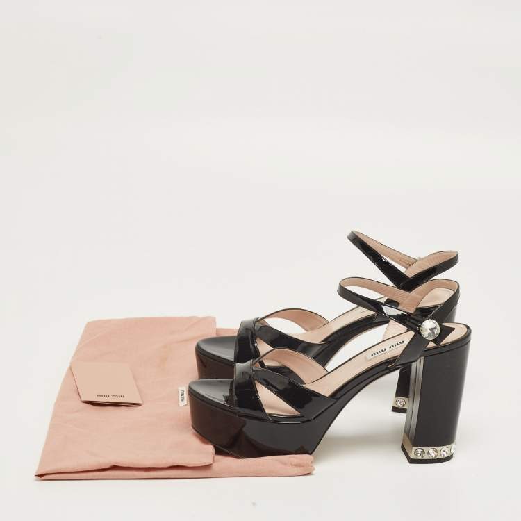 Pre Owned Miu Miu Black Patent Leather Platform Ankle Strap Sandals Size 38.5
