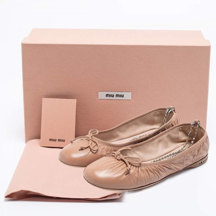 Pre Owned Miu Miu Beige Leather Bow Crystal Anklet Ballet Flats Size 38.5