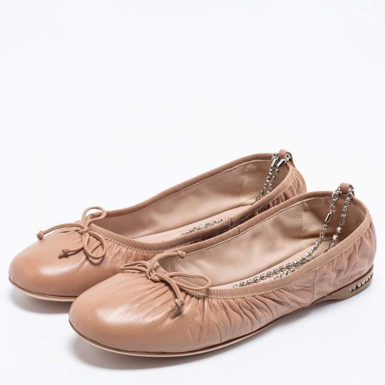 Pre Owned Miu Miu Beige Leather Bow Crystal Anklet Ballet Flats Size 38.5