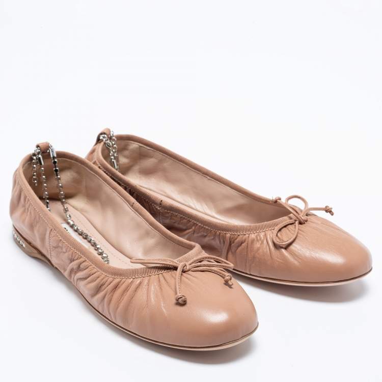 Pre Owned Miu Miu Beige Leather Bow Crystal Anklet Ballet Flats Size 38.5