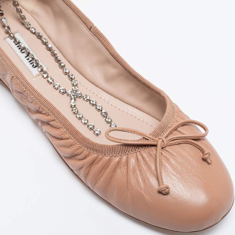 Pre Owned Miu Miu Beige Leather Bow Crystal Anklet Ballet Flats Size 38.5