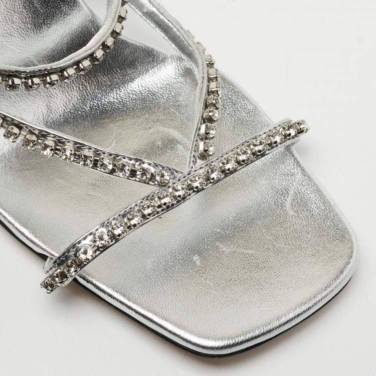 Pre Owned Miu Miu Silver Crystal Embellished Leather Studded Block Heel Sandals Size 37
