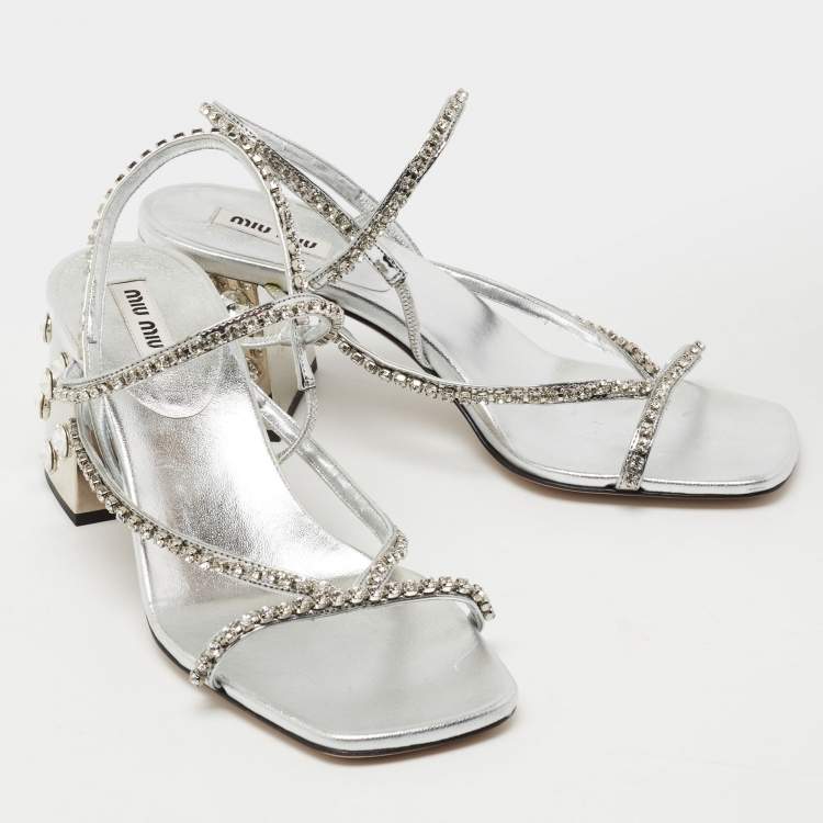 Pre Owned Miu Miu Silver Crystal Embellished Leather Studded Block Heel Sandals Size 37