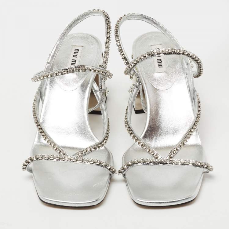Pre Owned Miu Miu Silver Crystal Embellished Leather Studded Block Heel Sandals Size 37