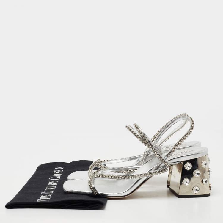 Pre Owned Miu Miu Silver Crystal Embellished Leather Studded Block Heel Sandals Size 37