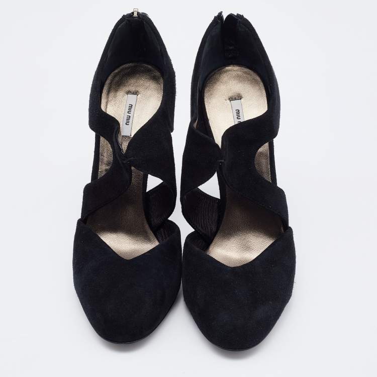Pre Owned Miu Miu Black Suede Crystal Embellished Heel Pumps Size 36.5