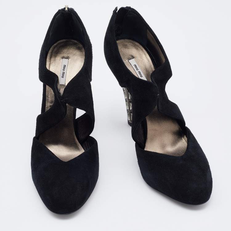 Pre Owned Miu Miu Black Suede Crystal Embellished Heel Pumps Size 36.5
