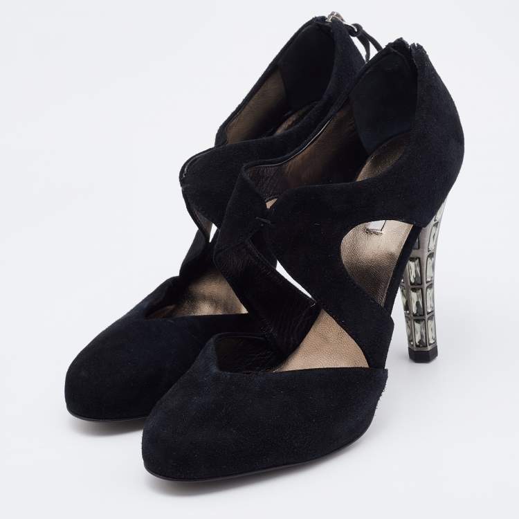 Pre Owned Miu Miu Black Suede Crystal Embellished Heel Pumps Size 36.5