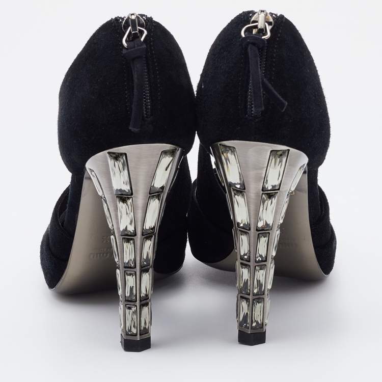 Pre Owned Miu Miu Black Suede Crystal Embellished Heel Pumps Size 36.5