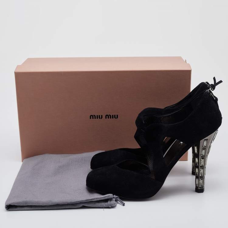 Pre Owned Miu Miu Black Suede Crystal Embellished Heel Pumps Size 36.5