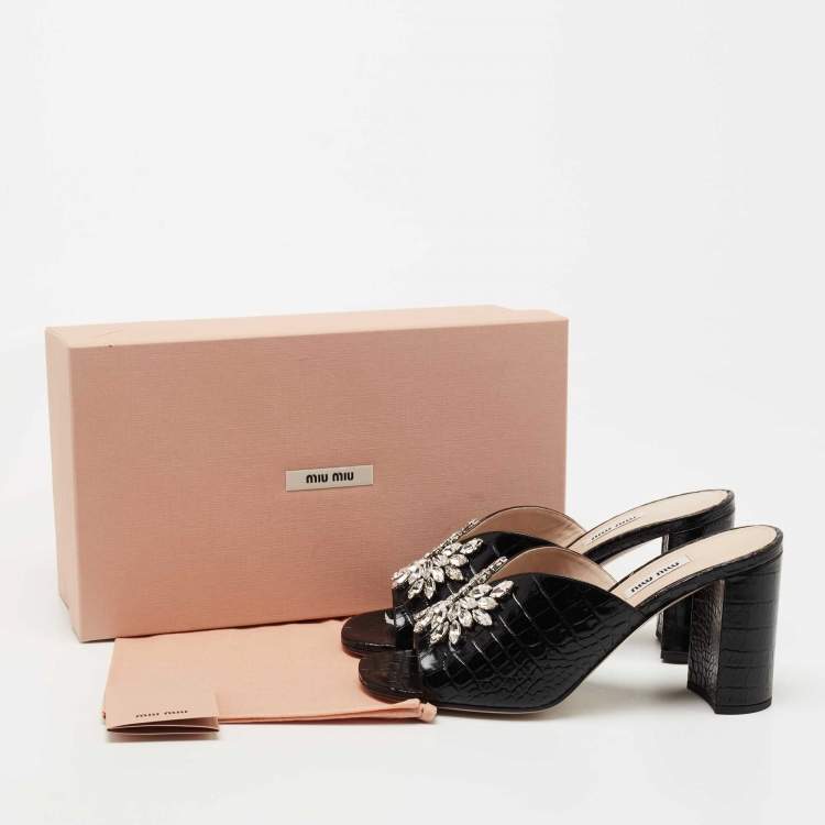 Pre Owned Miu Miu Black Croc Embossed Leather Crystal Embellished  Slide Sandals Size 39