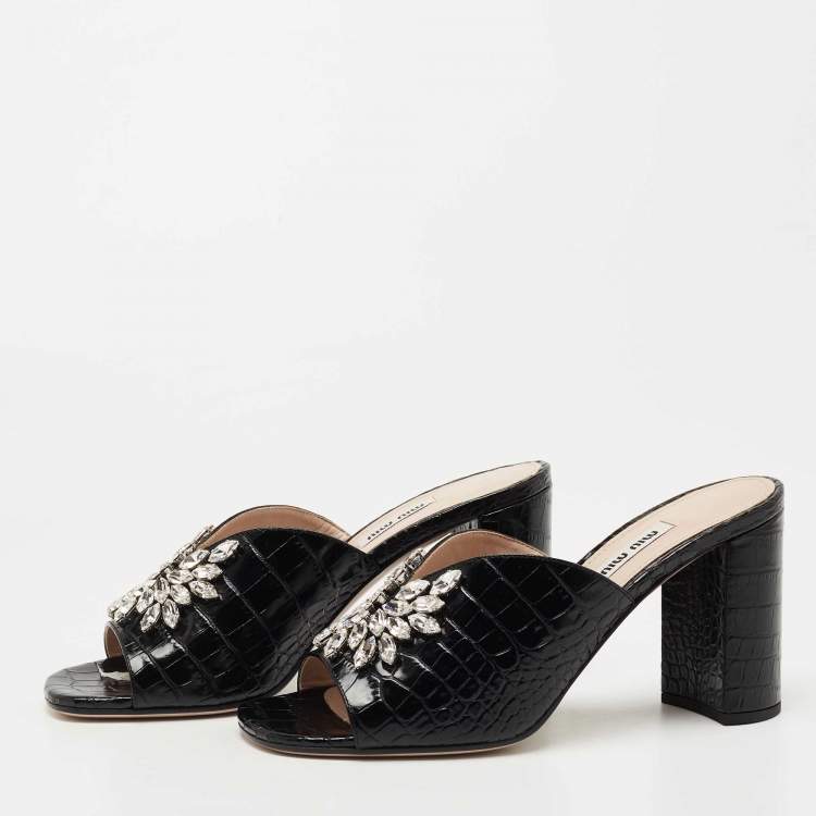 Pre Owned Miu Miu Black Croc Embossed Leather Crystal Embellished  Slide Sandals Size 39