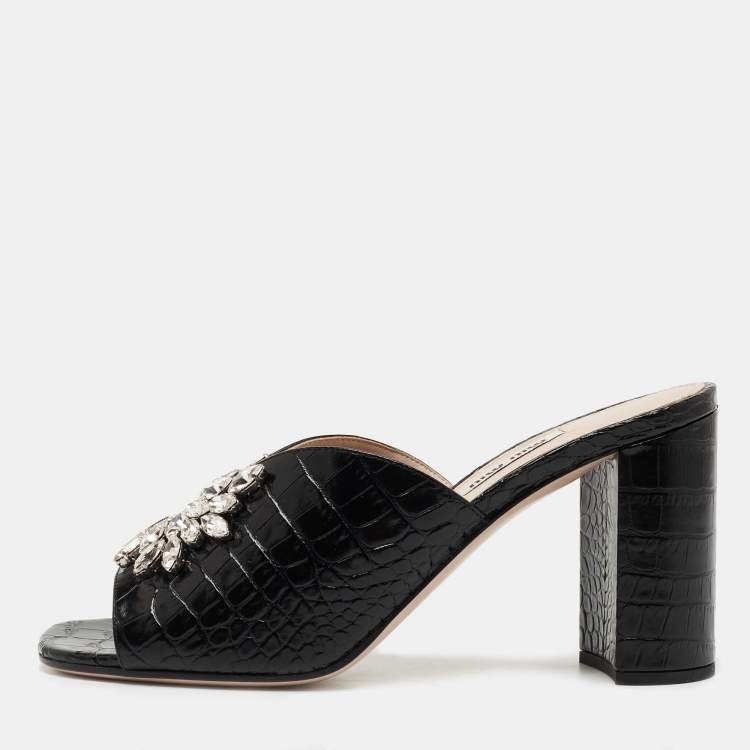 Pre Owned Miu Miu Black Croc Embossed Leather Crystal Embellished  Slide Sandals Size 39